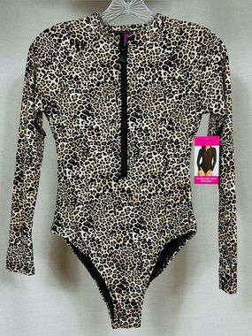 Betsey Johnson Leopard Print Long Sleeve Zip-Up Rash Guard - Black & Tan